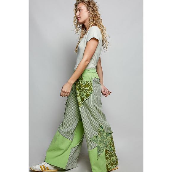 POL Pants - POL  Green Patchwork Star Straight Leg Pants Floral Stripe Boho LARGE